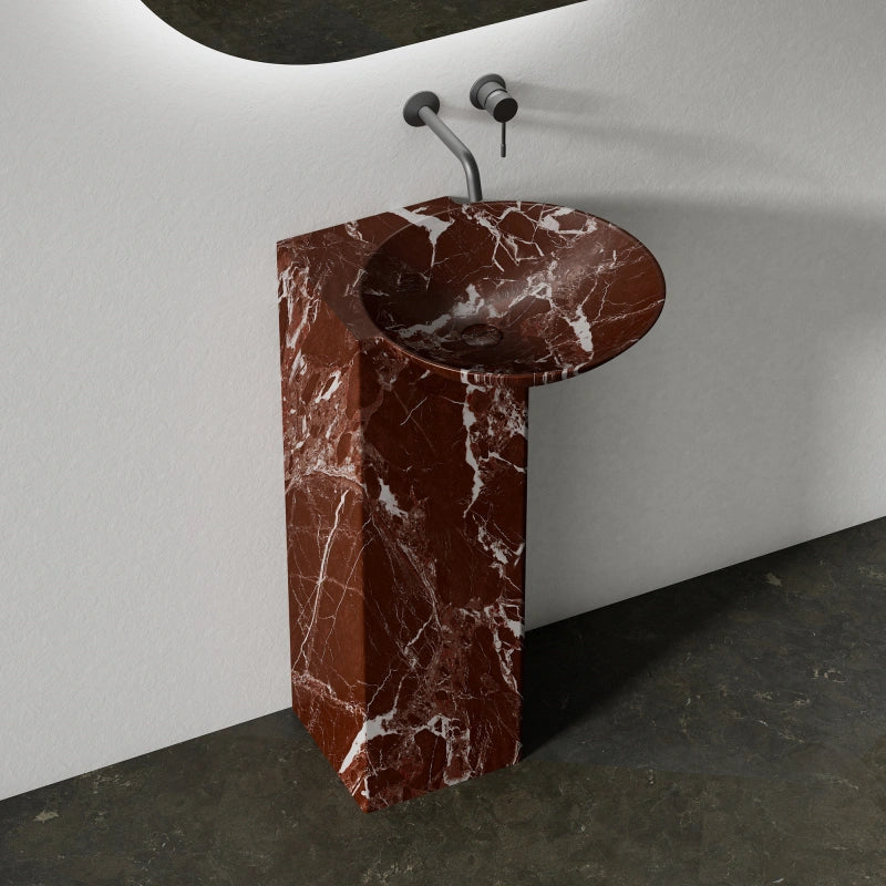 MonBlari modern natural marble pedestal washbasin showcasing unique stone veining