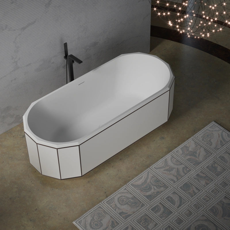 Modern freestanding soaking tub with black rim for luxury bathroom