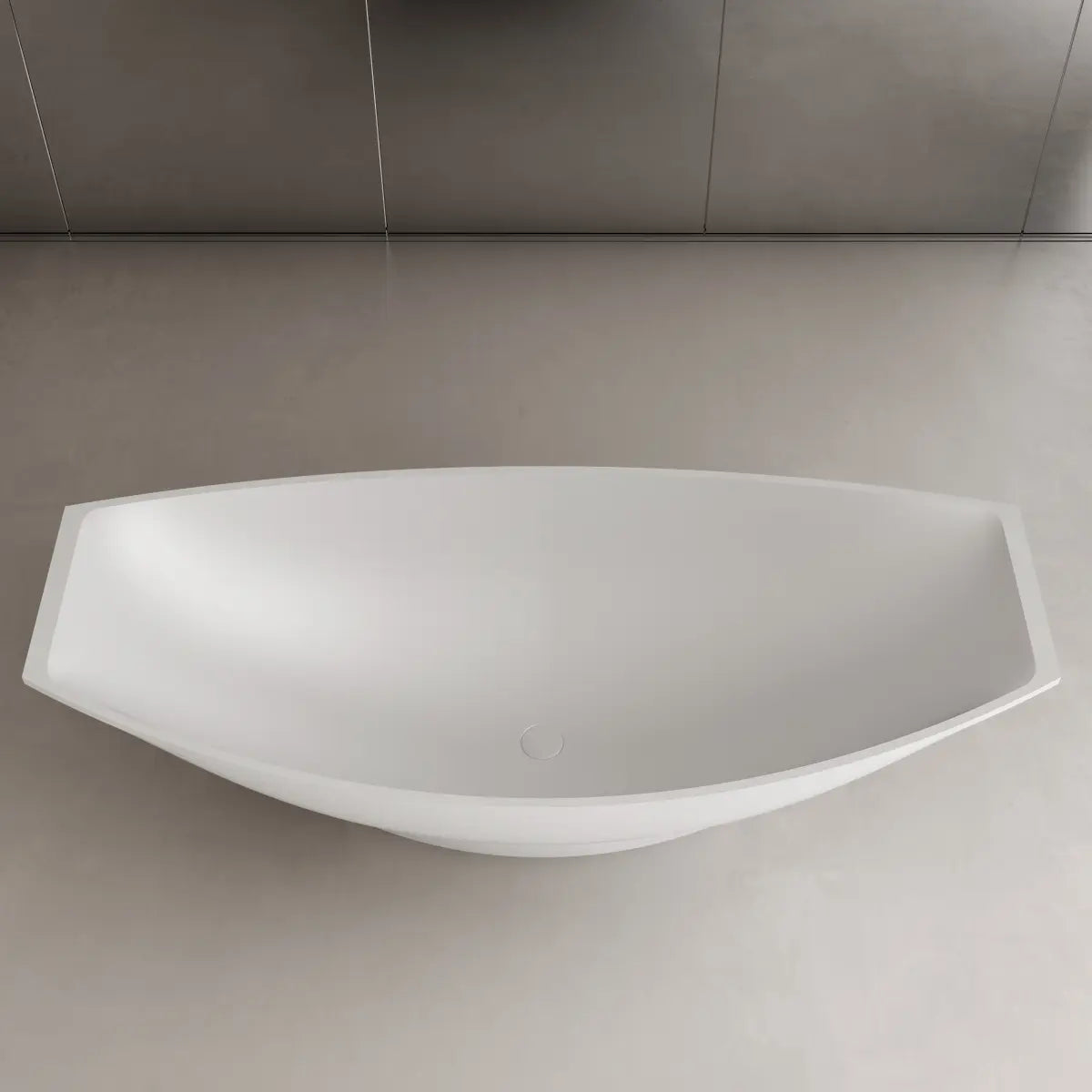 Modern solid surface soaking tub with unique hammock inspired freestanding design