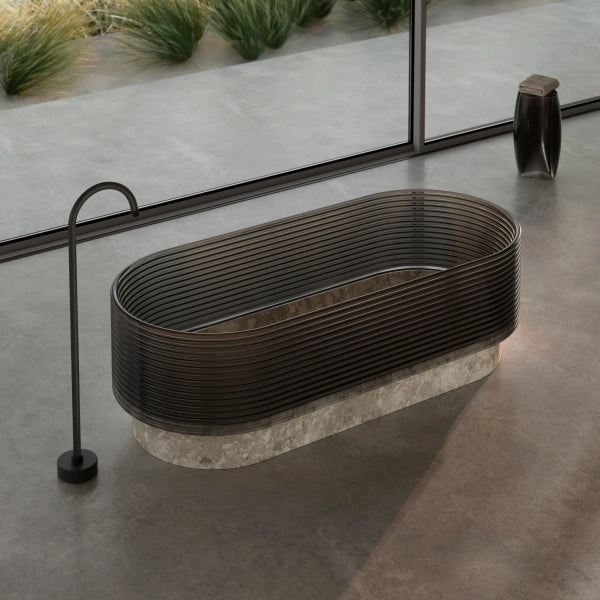 STRATA series marble freestanding sokaing bathtub side top view close-up