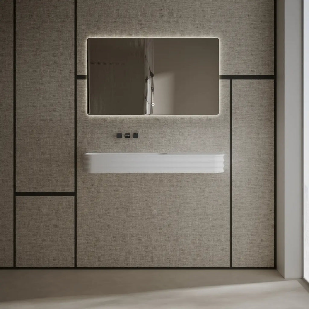 White rectangular wall mount bathroom basin with contemporary styling and premium solid surface construction
