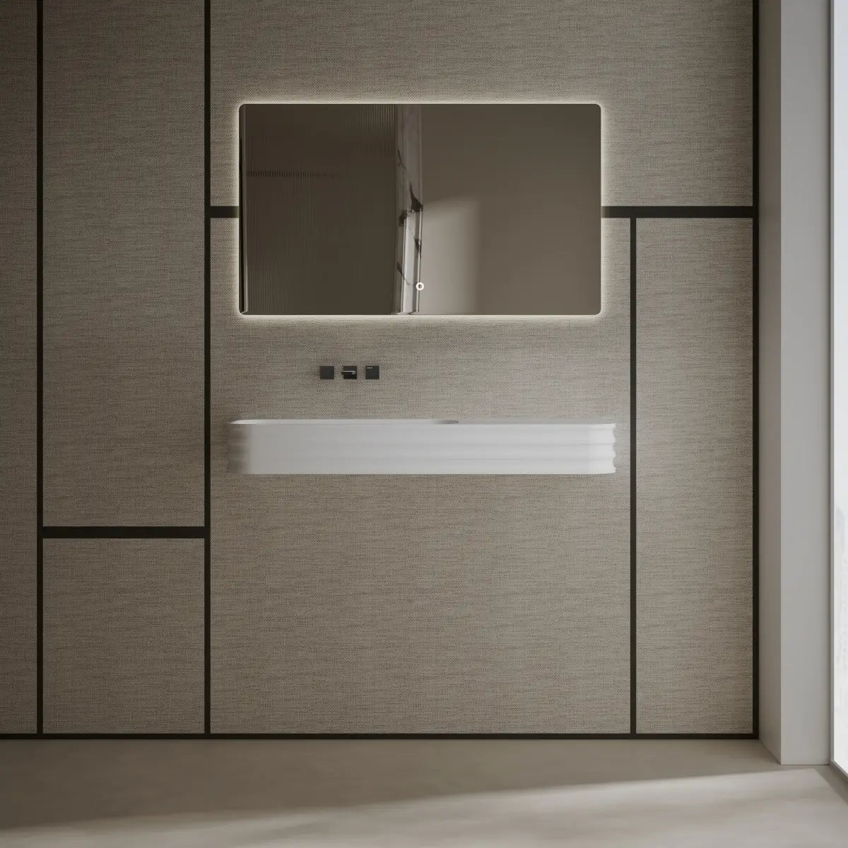 White rectangular wall mount bathroom basin with contemporary styling and premium solid surface construction
