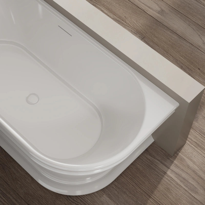 Glossy white oval acrylic freestanding bathtub with deep soaking design side top view close-up