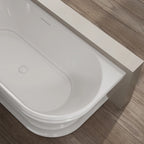 Glossy white oval acrylic freestanding bathtub with deep soaking design side top view close-up