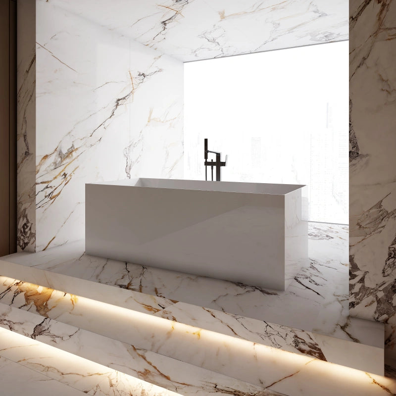 Modern white acrylic freestanding bathtub with rectangular deep soaking design