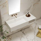 Matte white rectangular solid surface wall mount sink side top view close-up