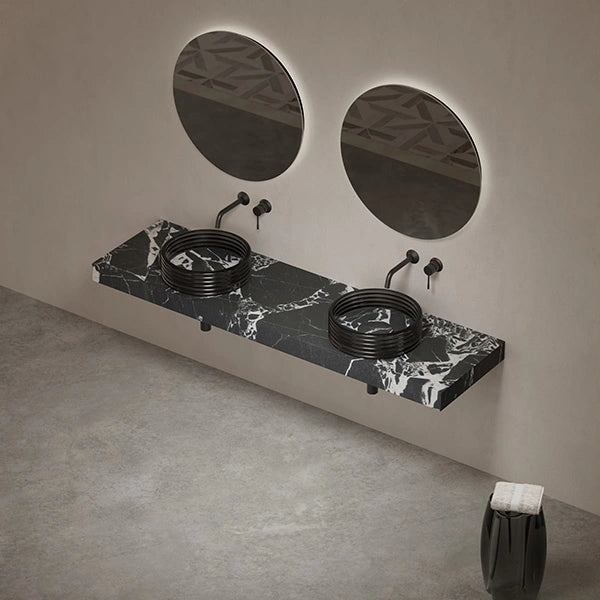 STRATA Series black countertop vessel basin with acrylic detail