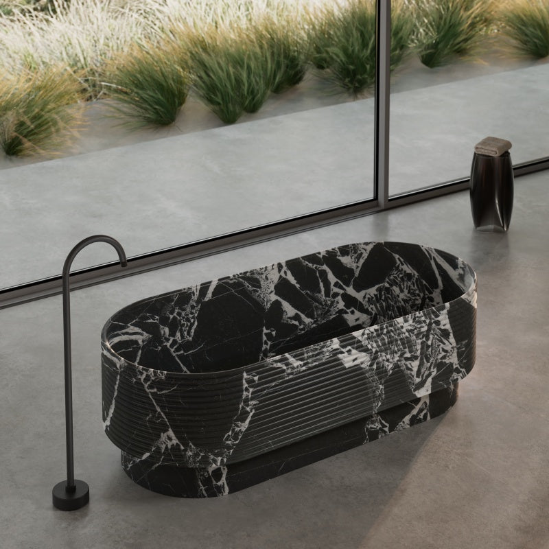 MonBlari STRATA Bulgari Black Marble Freestanding Bathtub with Veined Finish