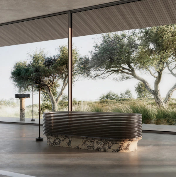 STRATA Series purple marble freestanding soaking tub with acrylic detail