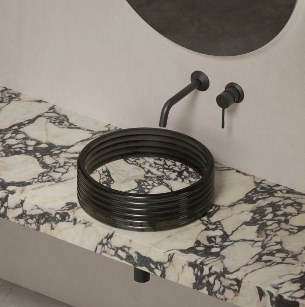 STRATA Series sculptural marble round vessel sink with clear acrylic