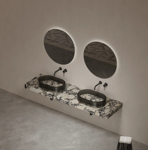MonBlari STRATA Series countertop vessel sink with dimensional marble-inspired finish