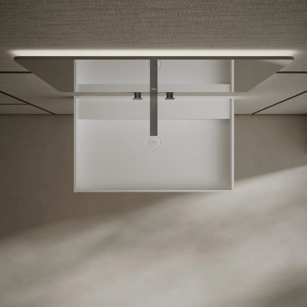 Modern white wall mount wash basin with rectangular design and seamless finish