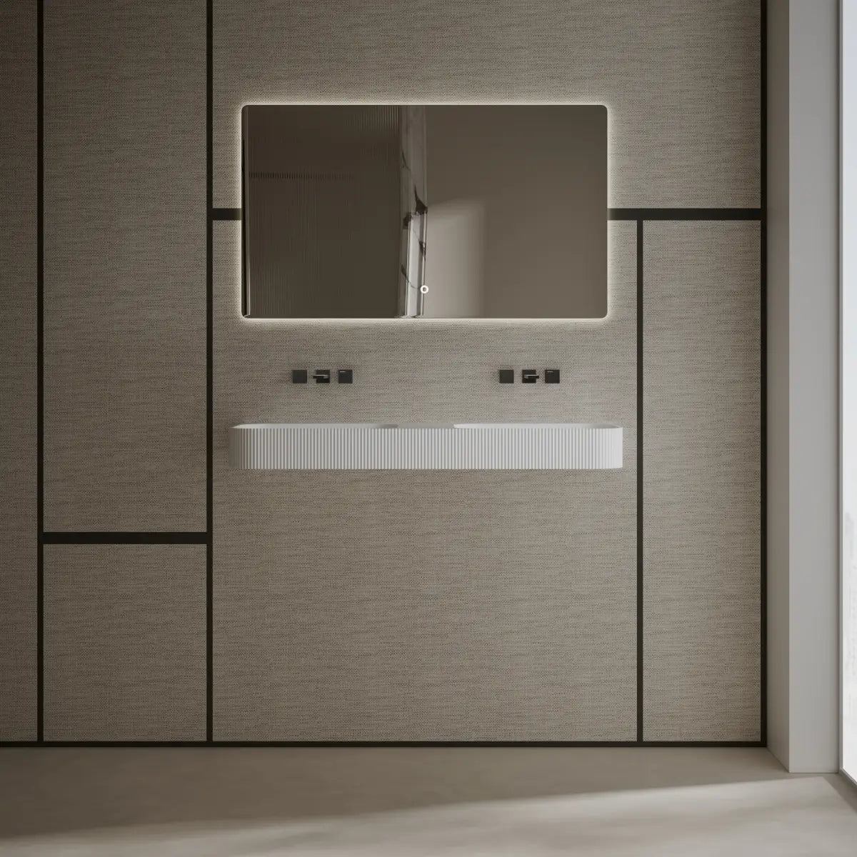 White double sink bathroom basin with floating wall mounted design for shared spaces
