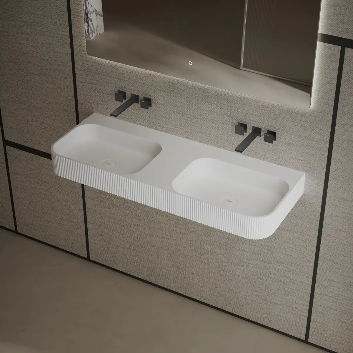 Modern white wall-hung double wash basin featuring a spacious rectangular design and seamless finish Main image