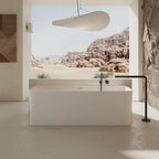 Solid surface back to wall bathtub with modern soaking tub design