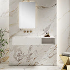Solid surface white wall mount basin designed for upscale residential bathrooms