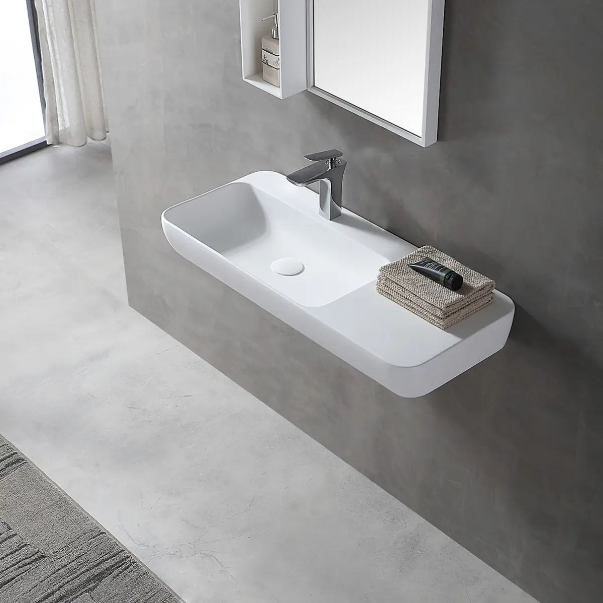 Wall hung solid surfce sink with spacious area rectangular sink
