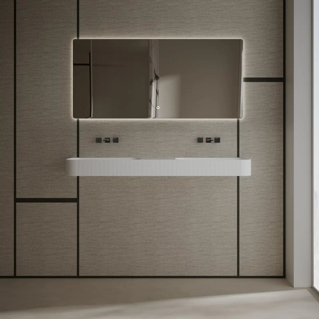 White double sink wall mounted basin featuring dual rectangular bowls and premium solid surface construction