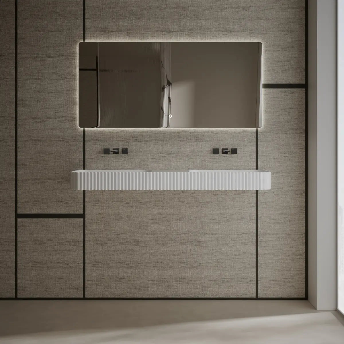 White double sink wall mounted basin featuring dual rectangular bowls and premium solid surface construction